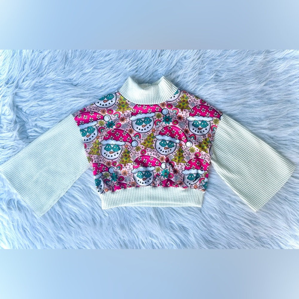 Festive Snowman Print Mock Neck Sweater - Pink and White 18/24 months